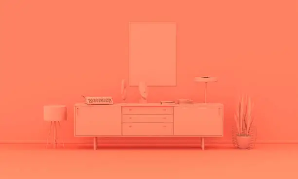 Interior room in plain monochrome pinkish orange color with furnitures and room accessories. Light background with copy space. 3D rendering for web page, presentation or picture frame backgrounds.