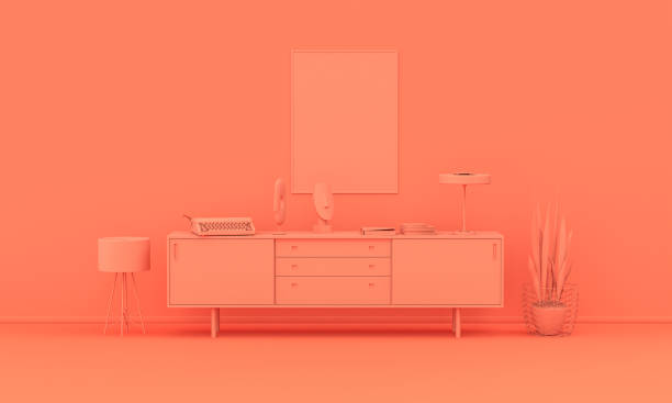 sala interior em cor laranja rosado monocromático simples com móveis e acessórios para quarto. fundo leve com espaço de cópia. renderização 3d - furnitures - fotografias e filmes do acervo