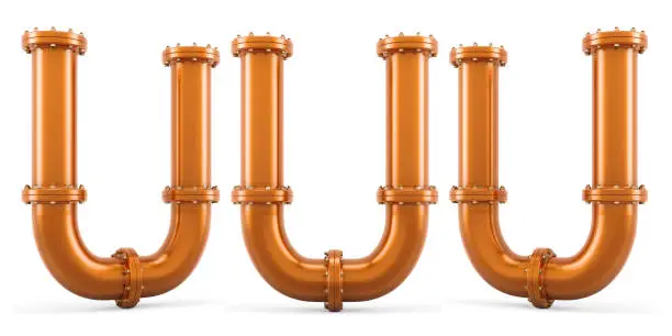 Photo of Letter U from copper pipes, 3D rendering isolated on white background