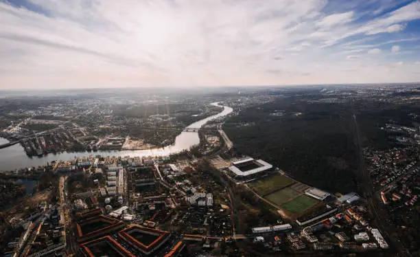 aerial drone shot of Berlin Kopenick with stadium of soccer team FC Eisern Union, Germany