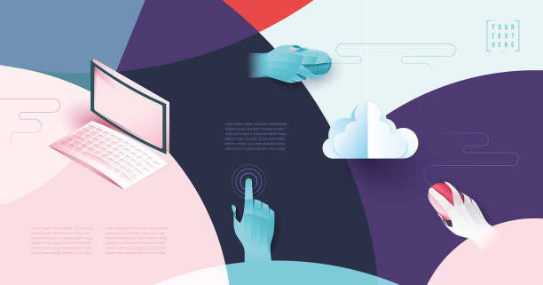 digital networking cloud computing covers layout, background image, with copy space for text, web template, applicable for websites, brochures, posters, banners origami hand stock illustrations