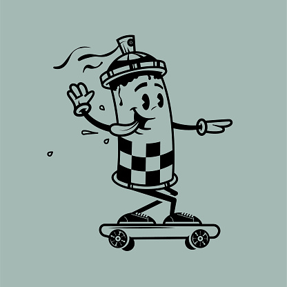 A vector illustration of a stylised spray can skateboarding.