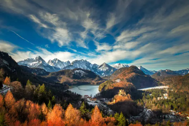 Photo of Alps mountains in germany near the Hohenschwangau lake, castle and town