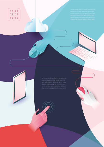 digital networking cloud computing covers layout, background image, with copy space for text, web template, applicable for websites, brochures, posters, banners origami hand stock illustrations