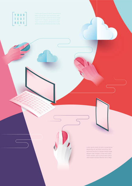 digital networking cloud computing covers layout, background image, with copy space for text, web template, applicable for websites, brochures, posters, banners origami hand stock illustrations