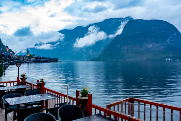 Lakeside restaurant scenery in the morning at Hallstatter see, Hallstatt, Austria.