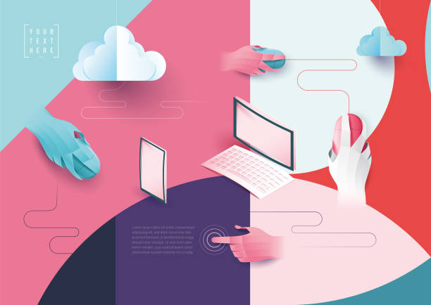 digital networking cloud computing covers layout, background image, with copy space for text, web template, applicable for websites, brochures, posters, banners origami hand stock illustrations
