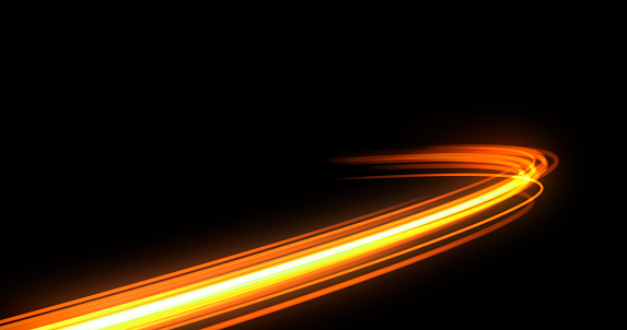 Light trail flash, neon yellow and orange golden glow path trace effect. Light trail wave, fire path trace line, car lights, optic fiber and incandescence curve twirl