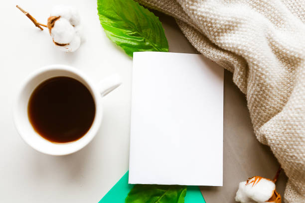 istock Coffee cup and white mockup blank on color background. Flat lay photo, minimal concept 1214773776