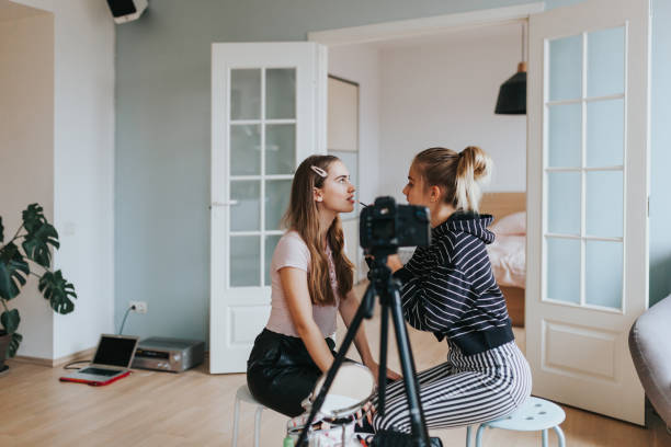 istock Two teenage girls vlogging about make-up 1214773857