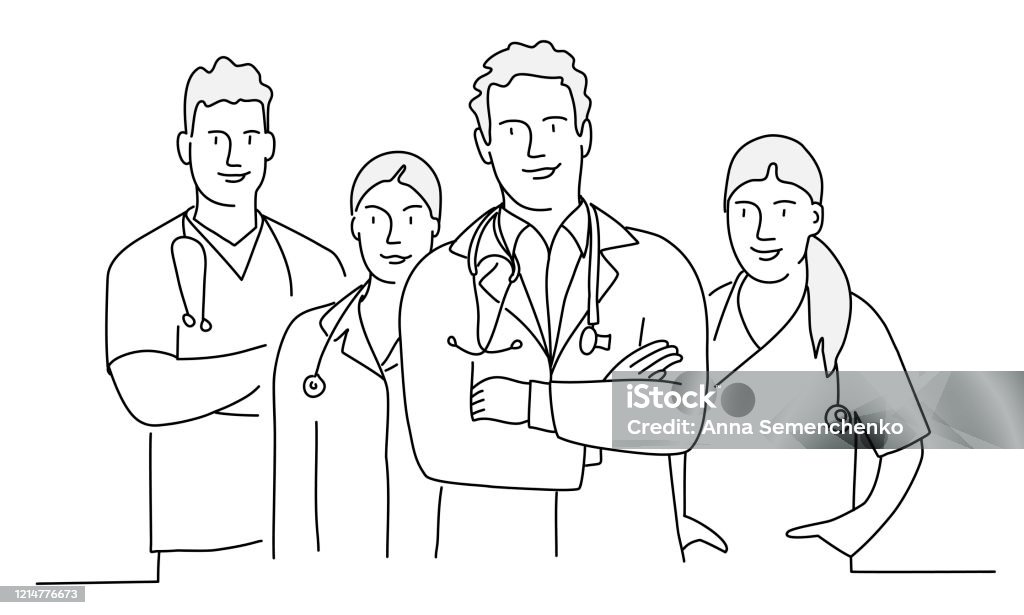 Group of doctors  with arms crossed. Group of doctors  with arms crossed. Concept teamwork in hospital. Line drawing vector illustration. Doctor stock vector