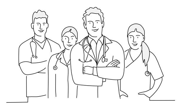 Group of doctors  with arms crossed. Group of doctors  with arms crossed. Concept teamwork in hospital. Line drawing vector illustration. nurse clipart stock illustrations