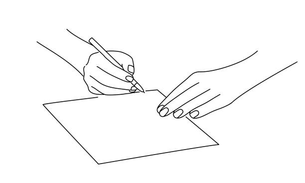 Hands writing letter Line drawing vector illustration of hands writing letter writing activity illustrations stock illustrations