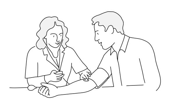 Female doctor measuring blood pressure to patient. Female doctor measuring blood pressure to patient. Line drawing vector illustration. doctor drawings stock illustrations