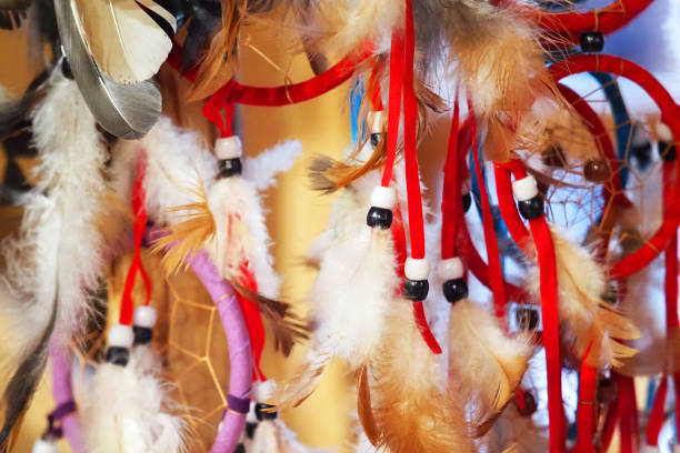 istock Dream catchers, feathers, beads and web, mystic background 1214778459