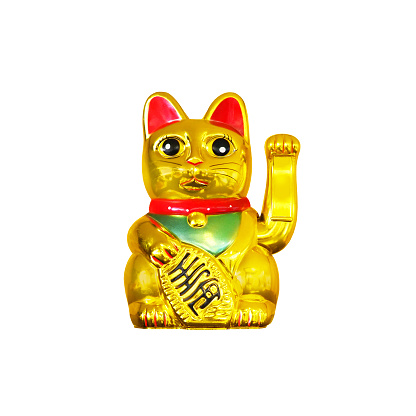 Maneki Neko isolated on white background. Japanese lucky cat, figurine golden cat brings good luck