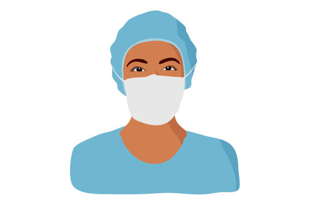 African-american nurse. Female hospital worker in blue uniform with mask, vector portrait illustration. Vector nurse clipart stock illustrations
