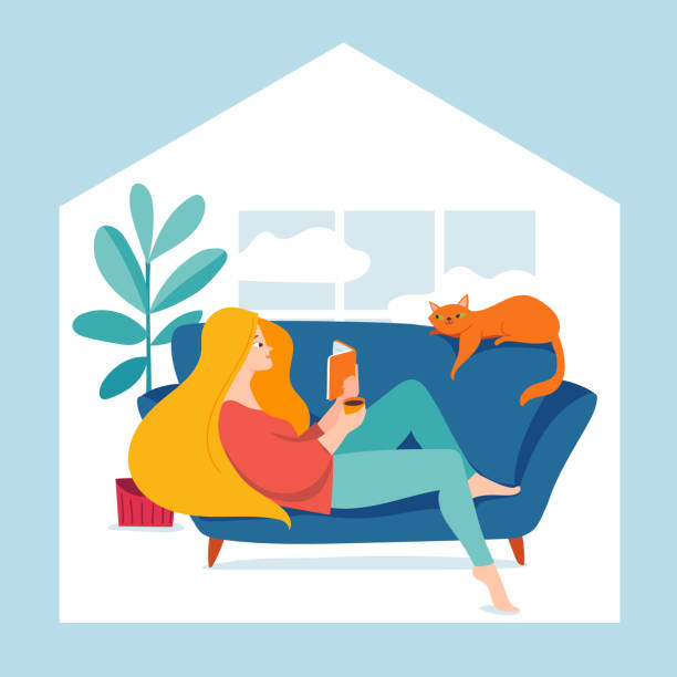 Manténgase en casa ilustración de cuarentena vectorial con personas valientes pasar tiempo en casa - ilustración de arte vectorial