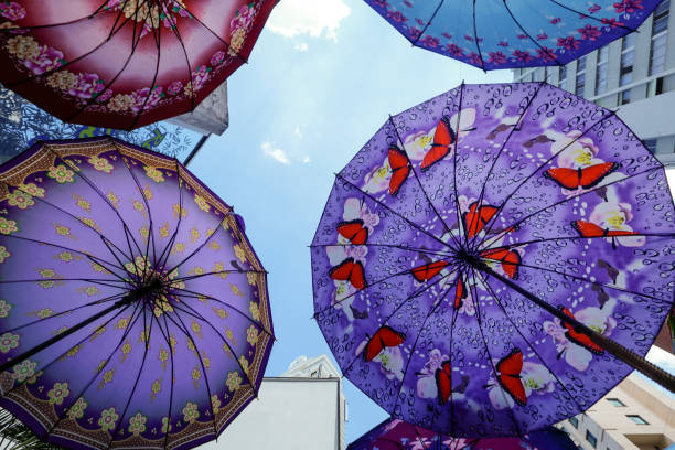 paraguas coloridos - rainbow umbrella descriptive color multi colored fotografías e imágenes de stock