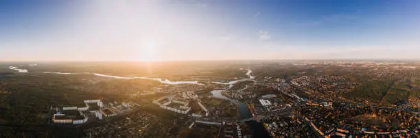 wideangle aerial sunset drone photo of the old city Kopenick Berlin, Germany where the rivers Dahme and Spree connect