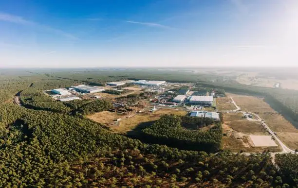 wideangle aerial drone photo with panorama of the forest of Grunheide, Berlin-Brandenburg place for the new Tesla Gigafactory Europe