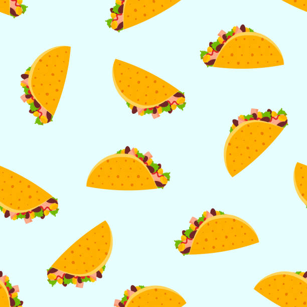 Cute cartoon pattern with flat color Mexican tacos Cute cartoon seamless pattern with color flat Mexican tacos on light blue background. Tasty fast-food texture for textile, café and restaurant wrapping paper design, covers, banners, wallpaper tacos stock illustrations