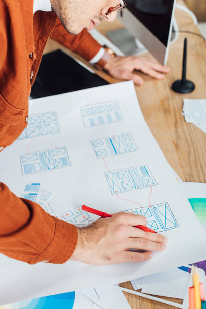istock Cropped view of designer working with templates of user experience design on table 1214783929