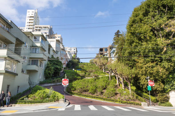 San Francisco, California, USA - March 2020: Bottom view of Lombard Street.