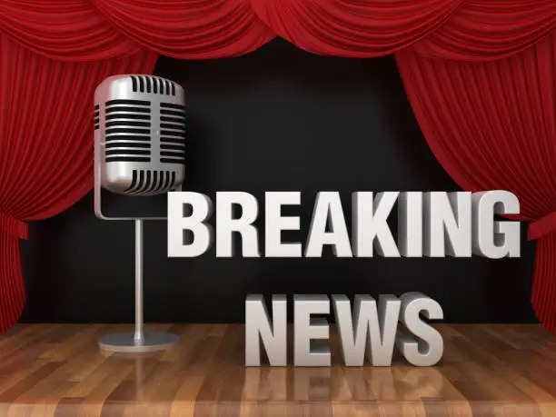 Photo of Microphone with BREAKING NEWS Phrase - 3D Rendering