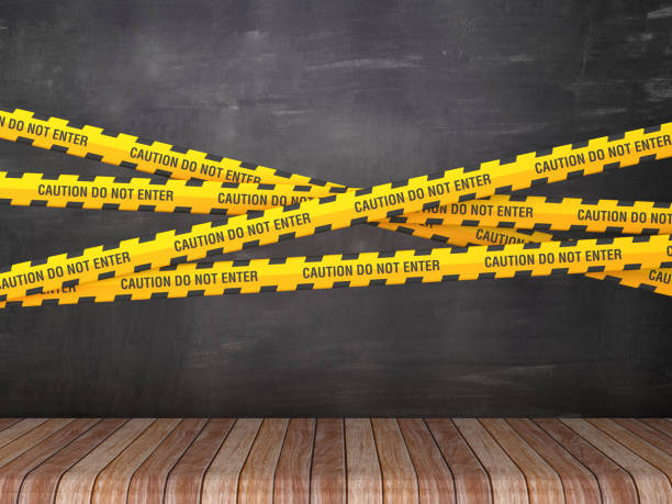 istock Cordon Tapes with CAUTION DO NOT ENTER Phrase on Chalkboard Background - 3D Rendering 1214786372