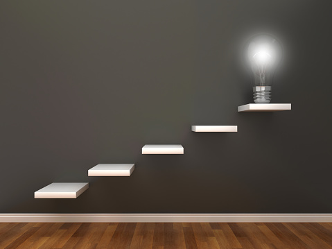 Steps with Light Bulb on Chalkboard - 3D Rendering