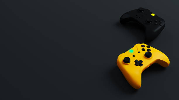 istock Game competition. Yellow and black joystick with black background 3D rendering 1214786611