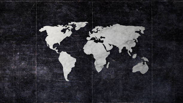 istock White marble world map on dark dirty concrete wall 1214786777