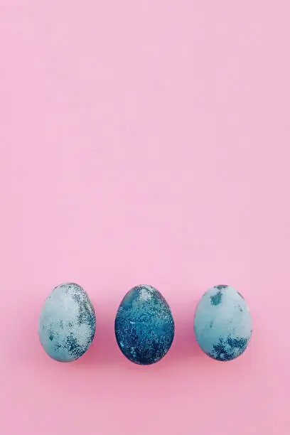 Happy Easter. Natural dyed blue colored eggs on pastel pink background, top view. Flat lay. Spae for text.