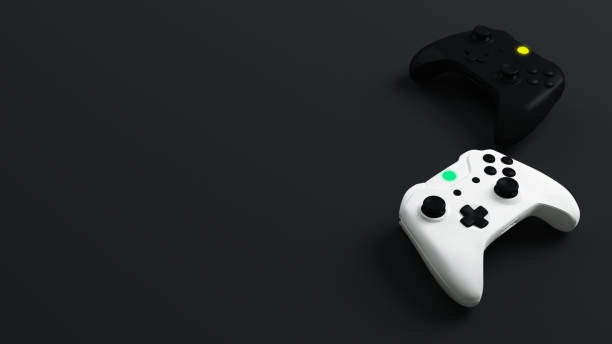 istock Game competition. White and black joystick with black background 1214787027