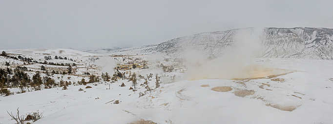 Canary Springs area of Mammoth Hot Springs area of Yellowstone National Park in the winter, WY. Panorama