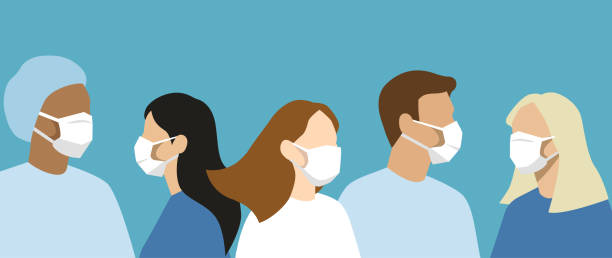 Flat vector group of doctors and nurses with protective masks and uniforms Flat vector group of doctors and nurses with protective masks and uniforms protective face mask illustrations stock illustrations