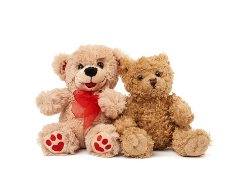 two teddy beige bears sitting huddled together, toys isolated on white background