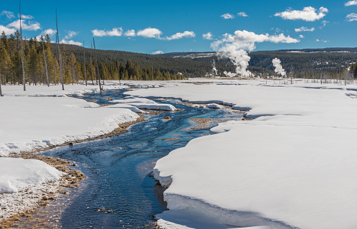 Lower Geyser Basin views from Yellowstone National Park in the winter with snow.