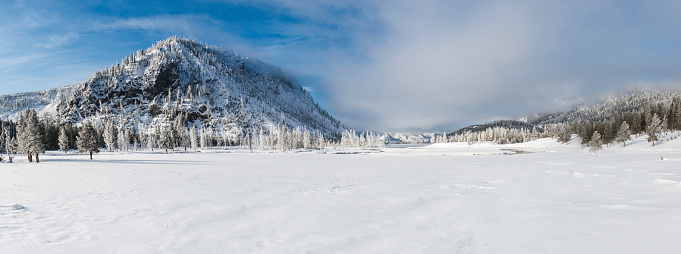 Madison Valley of Yellowstone National Park in the Winder covered with snow. Panorama