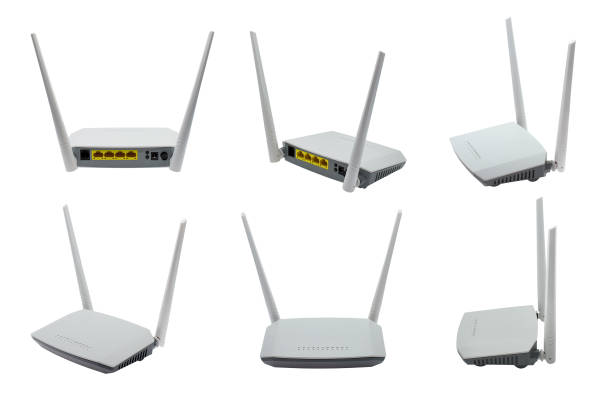 Wireless ADSL2+ router and modem, wifi router and switch, combined device for modulation and demodulation. Network ports LAN and DSL. Isolated, white background.