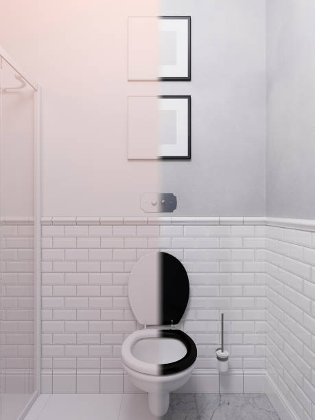 3d illustration of a interior design bathroom. 3D render before and after texturing stock photo