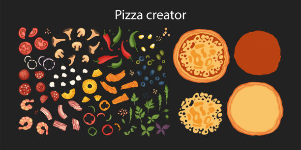 Italian cheese pizza creator, vector. Italian cheese pizza creator vector illustration. Delicious tasty snack set with mushroom and chili pepper. Create your own pizza. Flat design. Ingredients - tomato, salami, basil and fish. pizza designs stock illustrations