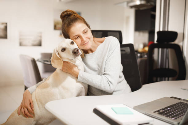 istock Pet owner embracing her dog at home office 1214808038