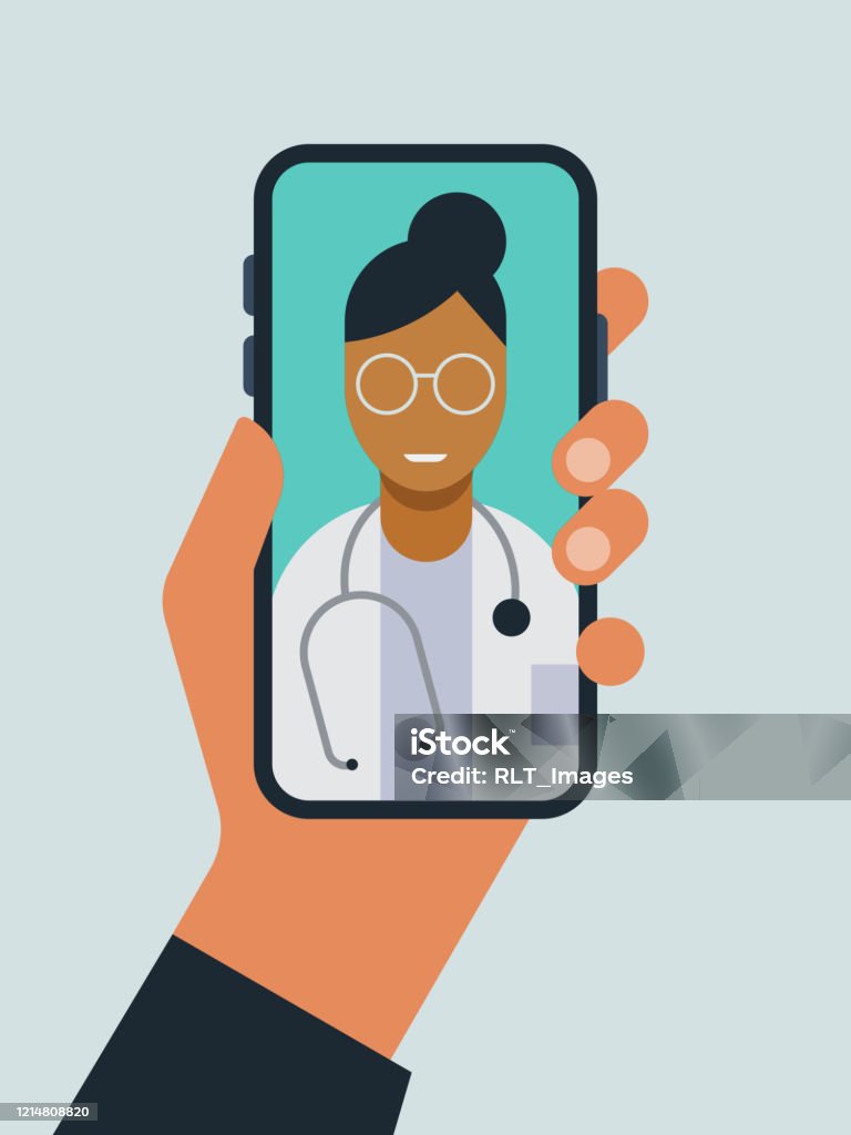 Ilustración de la mano sosteniendo el teléfono inteligente con el médico en la pantalla durante la visita al médico de telemedicina - arte vectorial de Teléfono libre de derechos