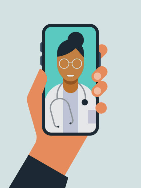 Illustration of hand holding smart phone with doctor on screen during telemedicine doctor visit Modern flat vector illustration appropriate for a variety of uses including articles and blog posts. Vector artwork is easy to colorize, manipulate, and scales to any size. brand name smart phone illustrations stock illustrations