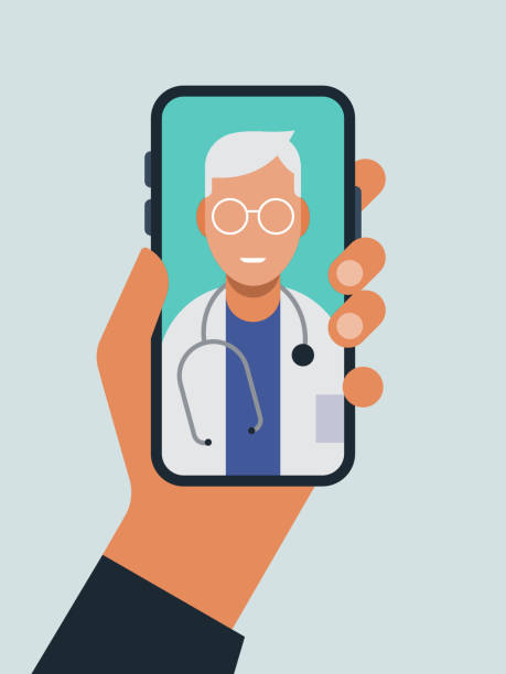 Illustration of hand holding smart phone with doctor on screen during telemedicine doctor visit Modern flat vector illustration appropriate for a variety of uses including articles and blog posts. Vector artwork is easy to colorize, manipulate, and scales to any size. patient designs stock illustrations