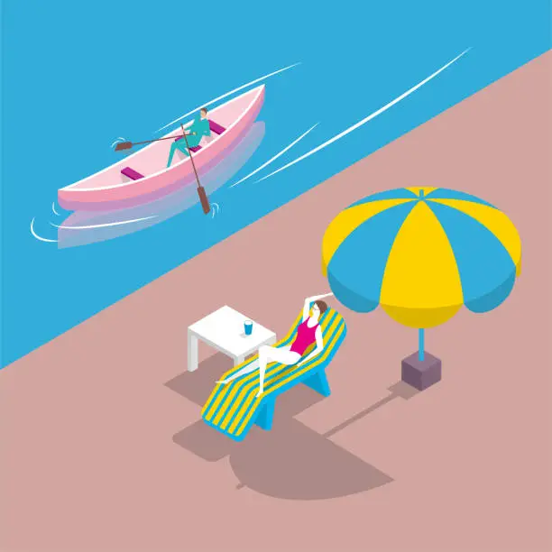 Vector illustration of A man is rowing in the river, a woman is lying on a lounge chair by the river bank, and the woman is wearing a bikini under an umbrella.