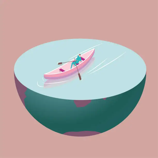 Vector illustration of Businessman rowing on a cross section of the earth.