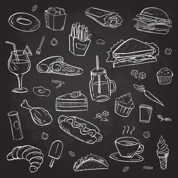 Collection of hand-drawn food on the blackboard. Retro vintage style food design. Collection of hand-drawn food on the blackboard. Retro vintage style food design. food cake tea sketch stock illustrations